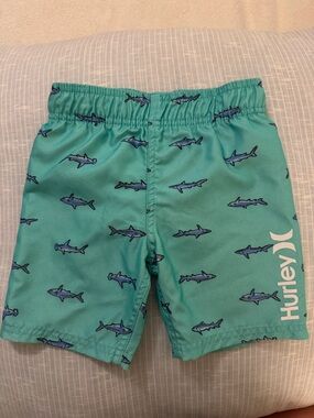 Hurley Teal Swim Trunks with Blue Shark Print